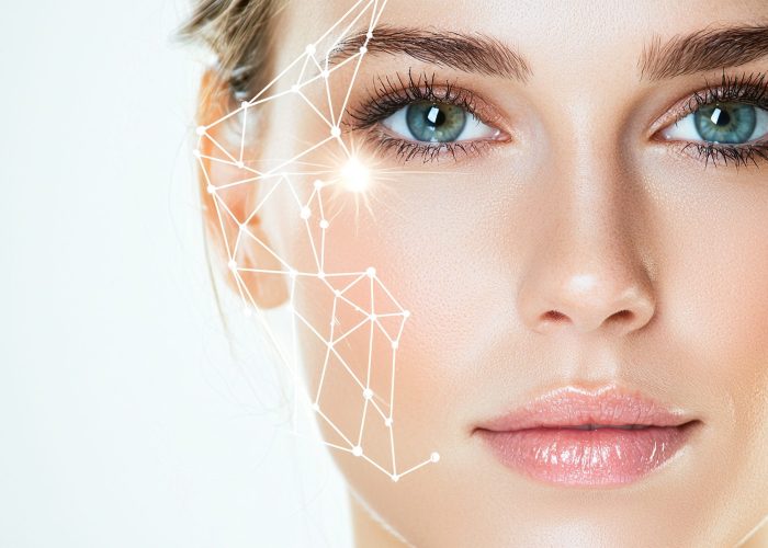 Woman with stunning blue eyes showcasing digital beauty trends.